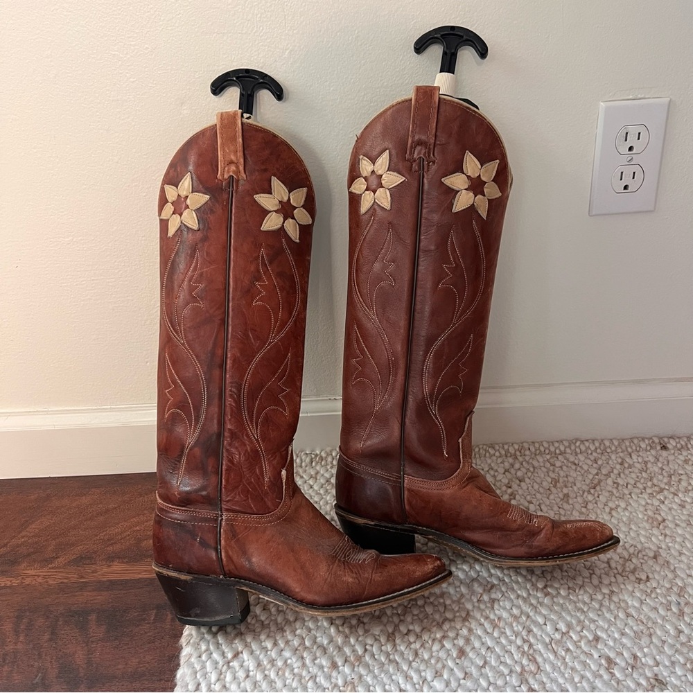 Brown Leather Acme Cowboy Boots with Floral Design